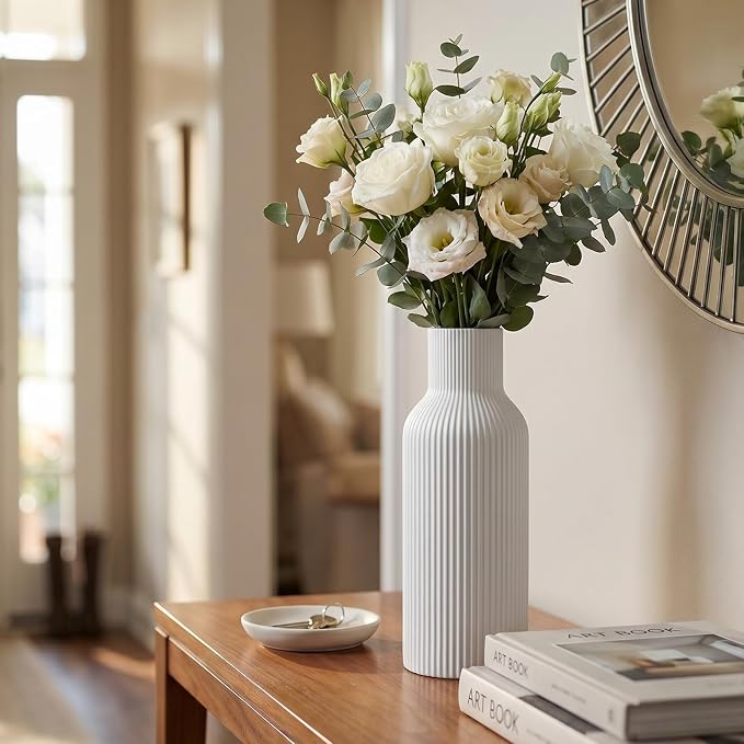 Large White Tall Ceramic Vase, Modern Matte Vertical Ribbed, Nordic Minimalist - Image 3