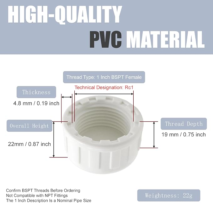 1 Inch BSPT Female PVC End Caps, 10 Pack | Fitting, - Image 2