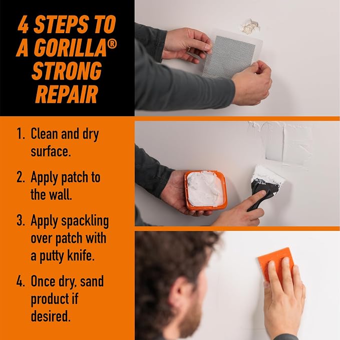 GORILLA Wall Repair Kit, Heavy Duty Spackling, 8 fl oz Tub, 4 in Patch | - Image 6