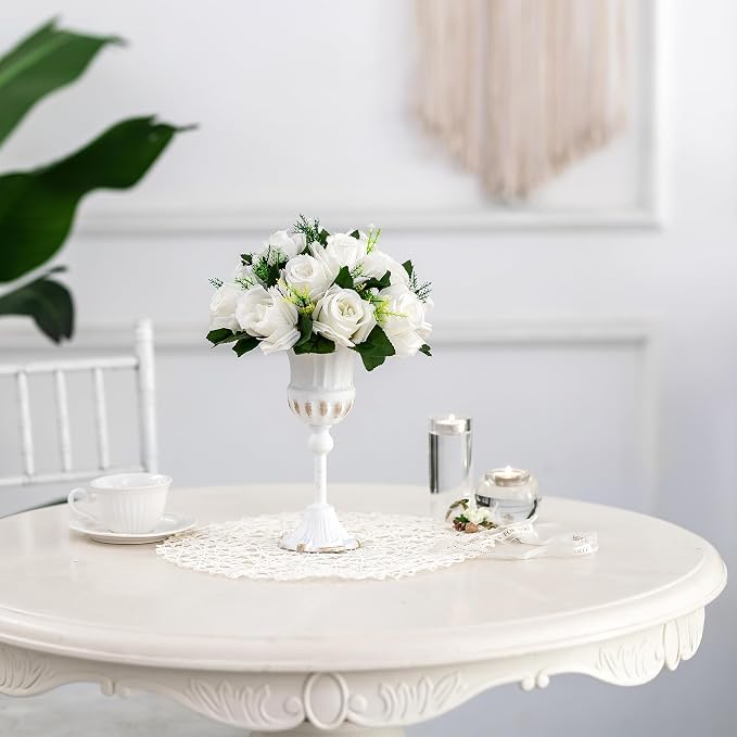 BLOSMON White Flowers for Wedding Centerpieces: 10 Pcs, 15 Faux Silk Roses | - Image 8