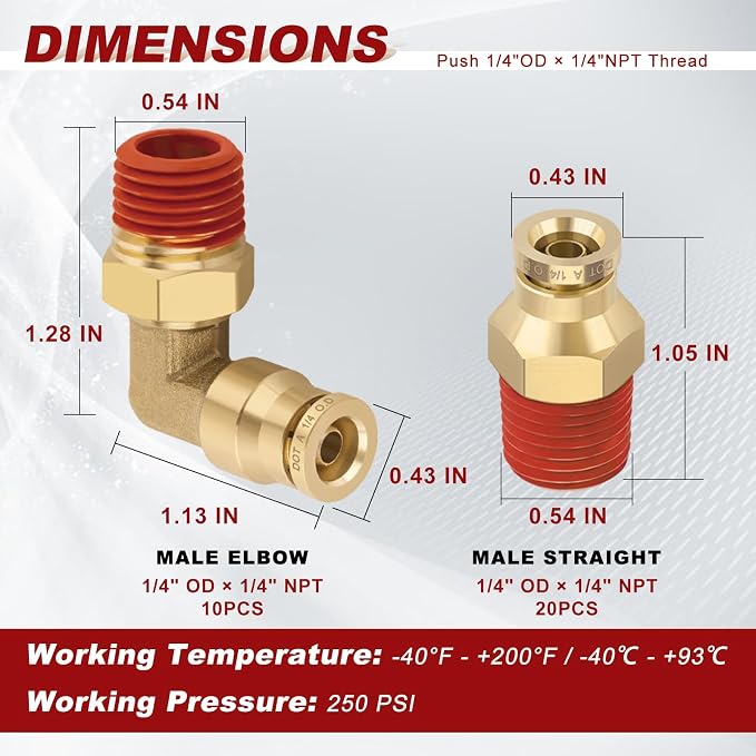 1/4" Tube x 1/4" NPT Male Straight & Elbow Brass Air Fittings Kit, 20 Straight - Image 5