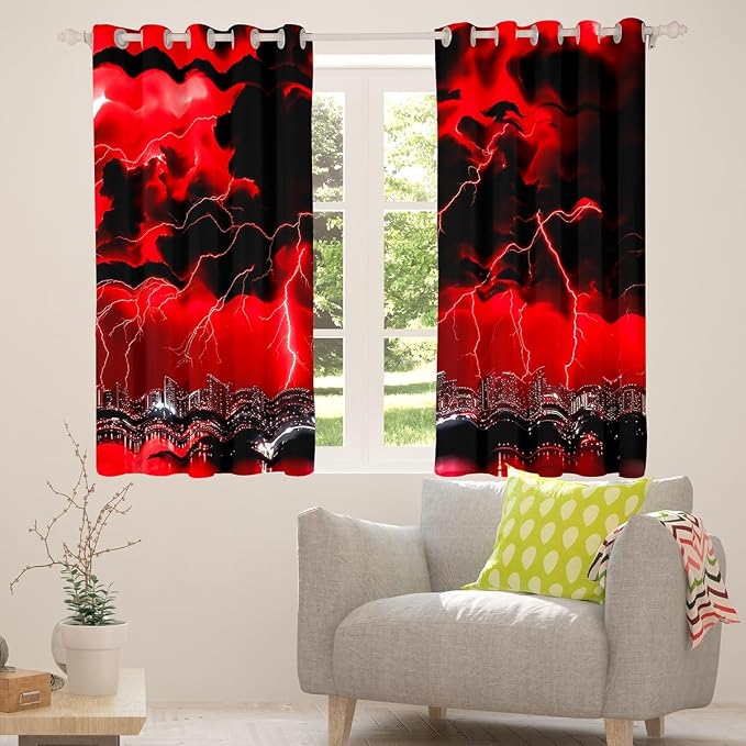jejeloiu Red Thunder Lightning Window Drapes Cool Flashing Lightning Blackout - Image 4