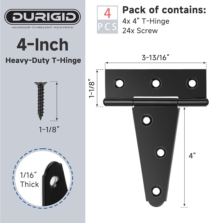 4 Pack 4 Inch T Hinge, Hinges for Wood, Gate Hinge, Gate Hardware, Fence Hinges - Image 2