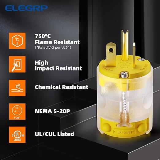 ELEGRP Lighted 20 Amp 125 Volt NEMA 5-20P 2 Pole 3 Wire Grounding Straight - Image 2