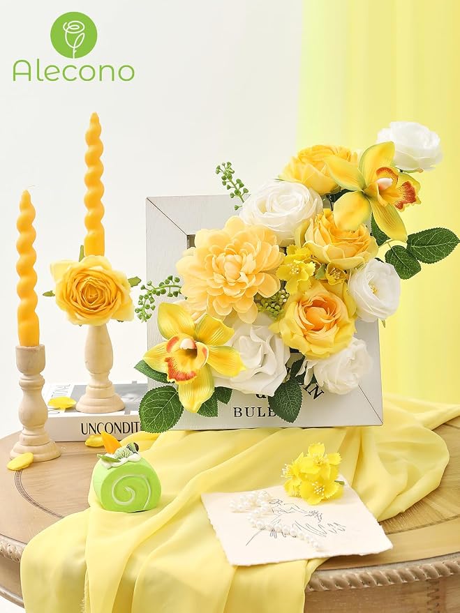 Alecono Yellow Artificial Flowers, Silk Fake Roses Floral Set | - Image 2