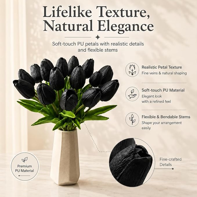 Mandy's 20pcs Artificial Black Tulips | 13.5 Inch Lifelike PU Tulips Faux - Image 2