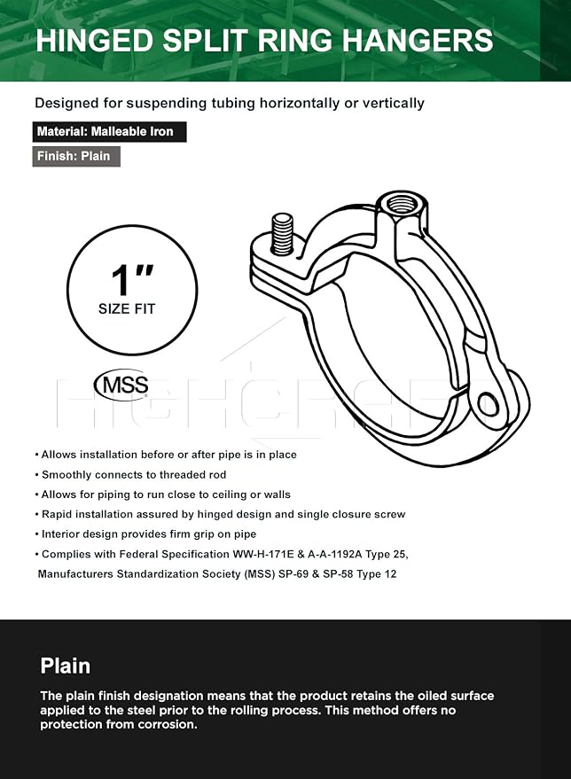 HIGHCRAFT HINGB-01-10 Industrial Decor Hinged Split Ring Pipe Hanger 1 in. - Image 7