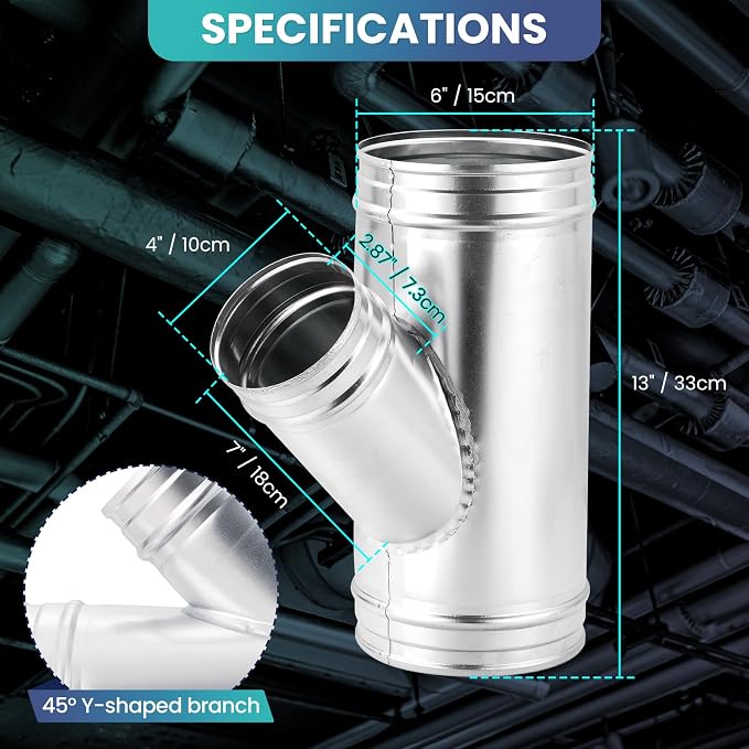 6 x 6 x 4 Inch Duct Splitter, 3-Way Y-Shaped 45° Duct Connector, | Galvanized - Image 2