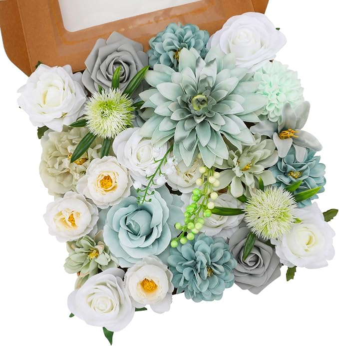 Artificial Flowers Combo Teal Blue Flowers Mix Silk Flowers Dahlia Roses by FloweroyalCrafts