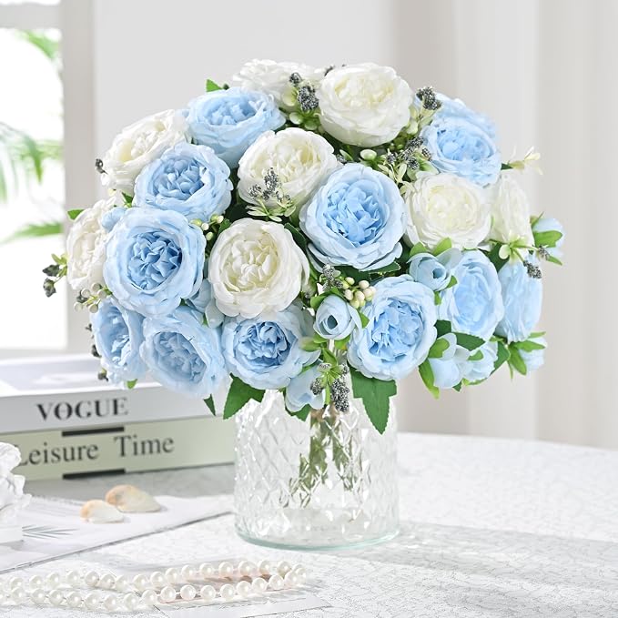 8 Packs Peonies Artificial Flowers Mixed White Blue Silk Artificial Peonies | - Image 2