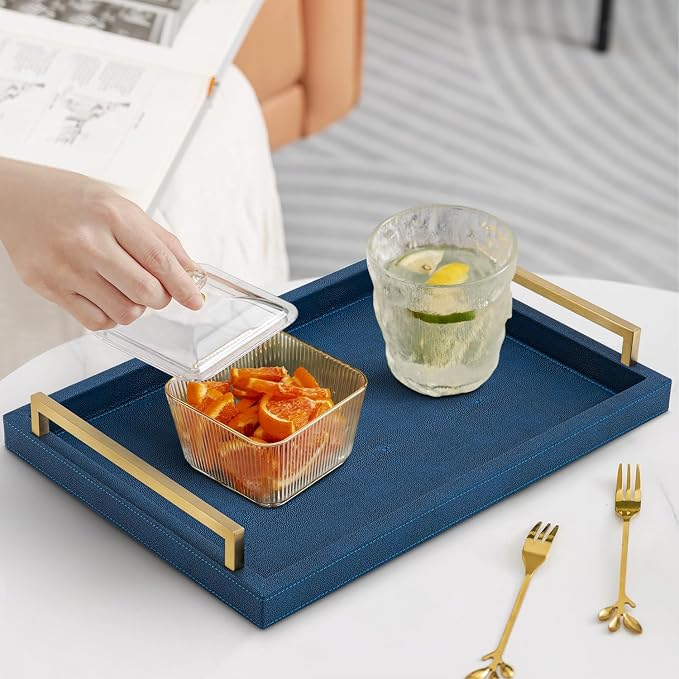 XIGEXIGE Navy Blue Decorative Serving Tray, Shagreen Leather Coffee Table Tray - Image 7