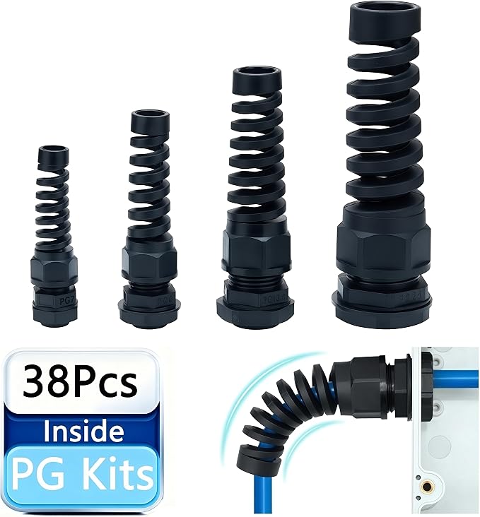 38 Pcs PG7~21 Kit Cable Gland 3-18mm Nylon Strain Relief Spring IP68 PA66 | by Aandxmok