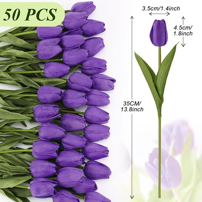 Janinka 50pcs Artificial Tulip Flowers Fake PU Tulips Faux Latex Bouquet Flower - Image 2