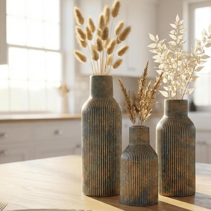 Vintage Blue Ceramic Flower Vases Set of 3, Modern Matte Vertical Ribbed - Image 4
