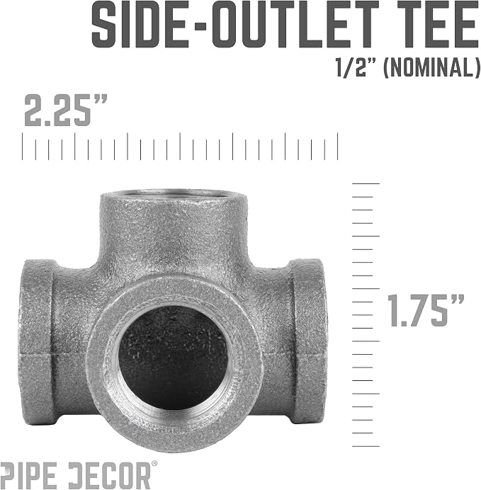 1/2" Side Outlet Tee Fitting, PIPE DECOR Black Malleable Iron Fittings Fit - Image 2