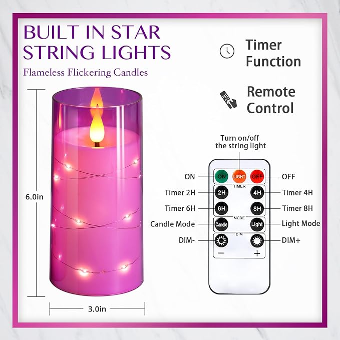 NURADA 3"x6"Flickering Flameless Candles: Built-in Star String Lights 3D Wick - Image 2