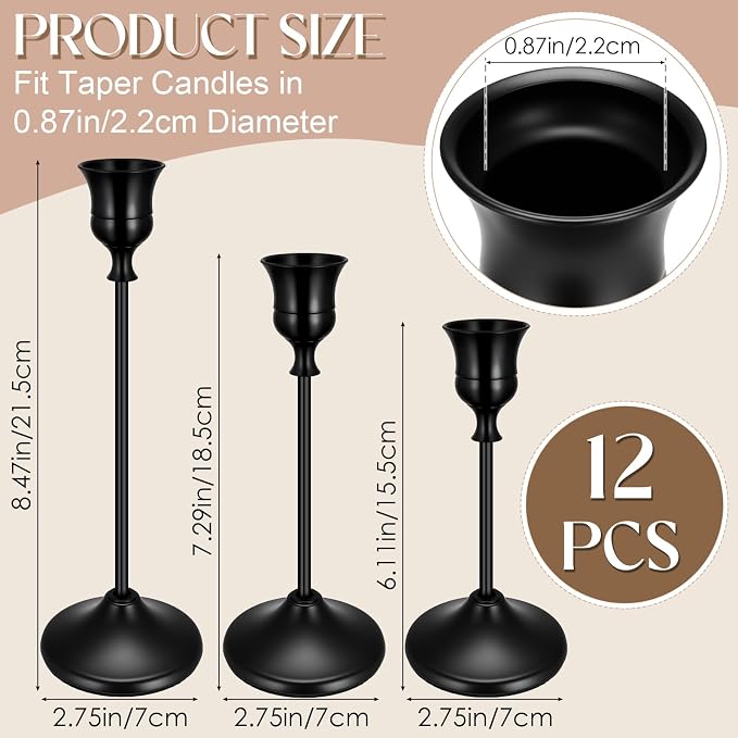 12PCS Brass Black Taper Candle Holders Set, Vintage Candlestick Holders | Tall - Image 5