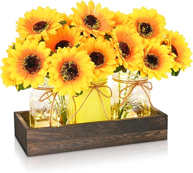 BLEUM CADE 3Pcs Mason Jar with Artificial Flowers Wood Tray and Light | by BLEUMCADE