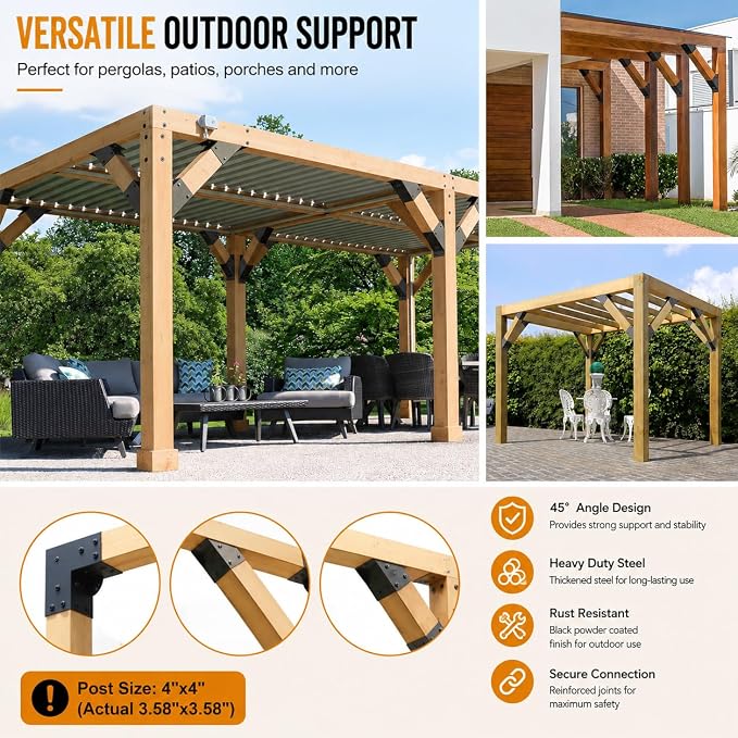45 Degree Pergola Brackets for 4x4 Lumber, Q235 Steel, 8 Pack | Black - Image 7
