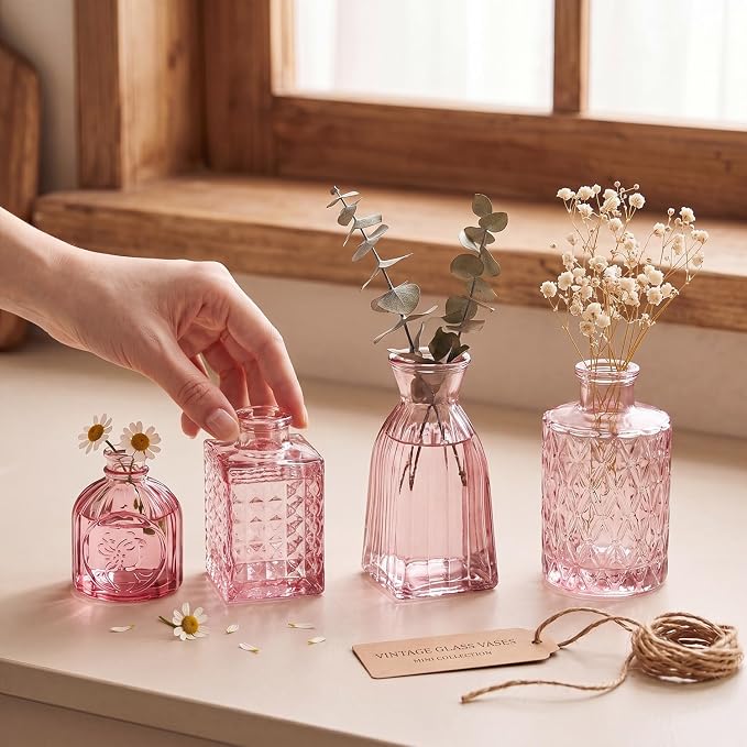Clear Pink Glass Bud Vase Set of 22 Pcs, Small Bud Vases in Bulk, Glass Crystal - Image 2