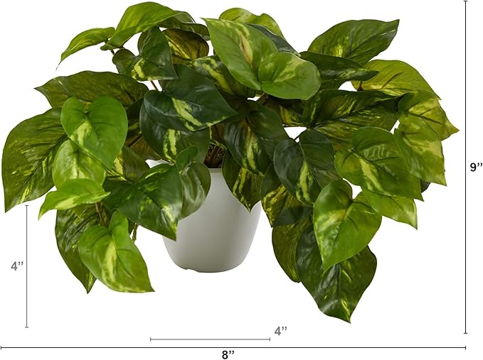 Nearly Natural 9in. Pothos Artificial Plant in White Planter - Image 2