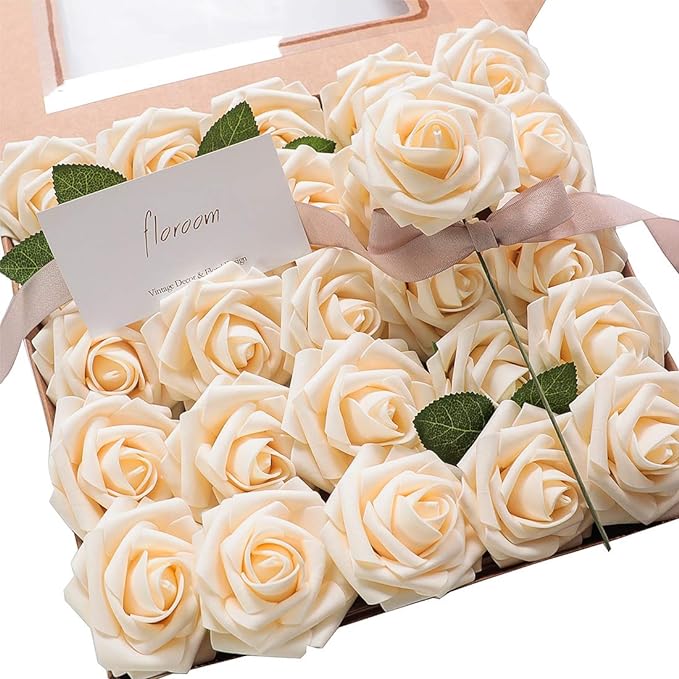 Artificial Flowers 25pcs Real Looking Champagne Foam Fake Roses by Floroom