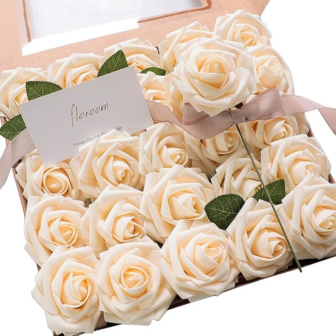 Artificial Flowers 50pcs Real Looking Champagne Foam Fake Roses by Floroom