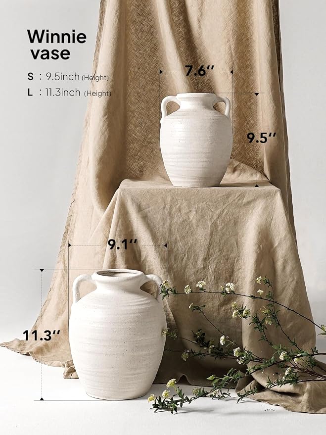White Ceramic Vase with Handles, Farmhouse Rustic, Sandstone White | Decorative - Image 3