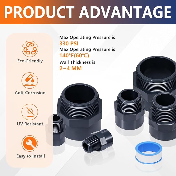 2PCS 1-1/2 Inch Male Thread Grey Pvc Fittings 2-Way PVC Pipe Coupling - Image 3