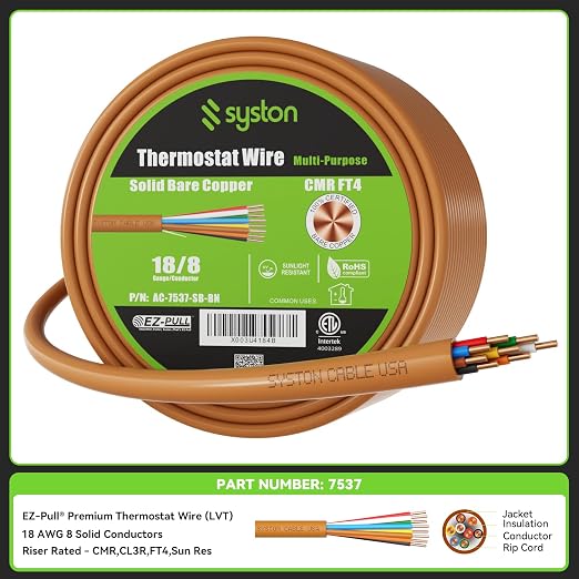 Syston 18/8 Thermostat Doorbell HVAC Heating Control Cable Wire, 18 AWG 8 - Image 2