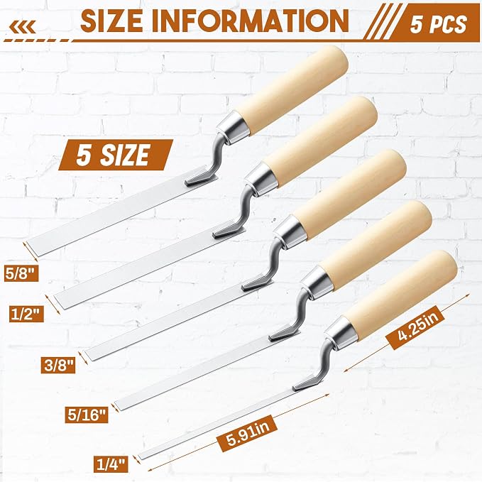 5 Pcs Pointer Trowel, 6-3/4" by 1/4", Wood Handle | Professional Mortar Repair - Image 2