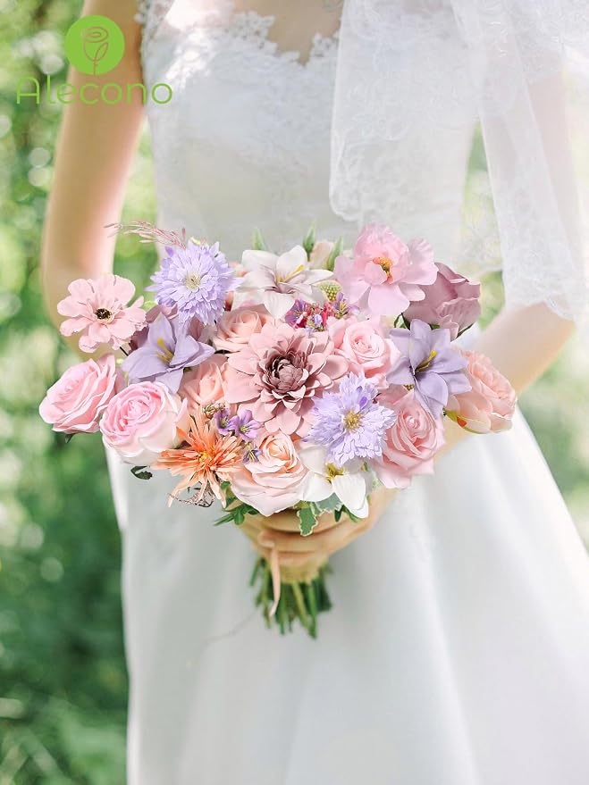 Alecono Pink and Purple Artificial Flowers, Silk Fake Flower Set | - Image 5