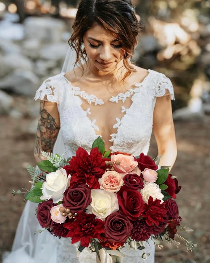 FACINOC Roses Artificial Flowers Red Bouquet Box Set Fake Flower - Image 2