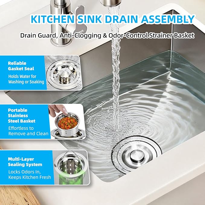 Kitchen Sink Drain Assembly, Stainless Steel Removable Deep Sink Strainer Basket - Image 3