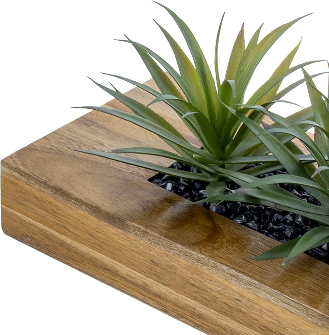MyGift 15 Inch Artificial Green Grass Plant Acacia Wood Planter | Realistic - Image 6
