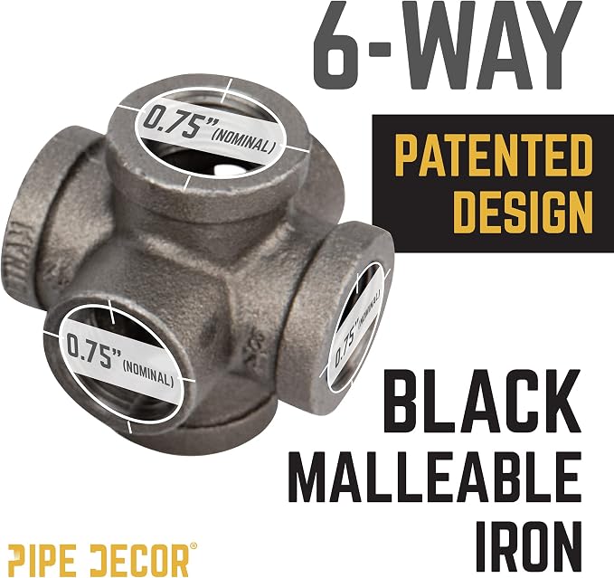 PIPE DECOR 6-Way Fitting, 3/4 Inch, Shelving and Standard 3/4 Inch Plumbing Pipe - Image 4