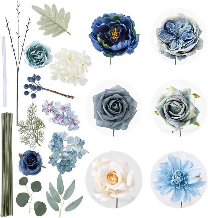 Artificial Flowers Combo Dusty Blue Flowers Mix Silk Flowers Dahlia Roses - Image 7