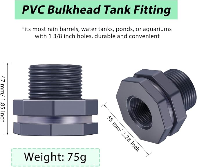 Outus 2 Pieces 3/4 Inch PVC Bulkhead Fitting, Rain Barrel Tank Adapter - Image 2