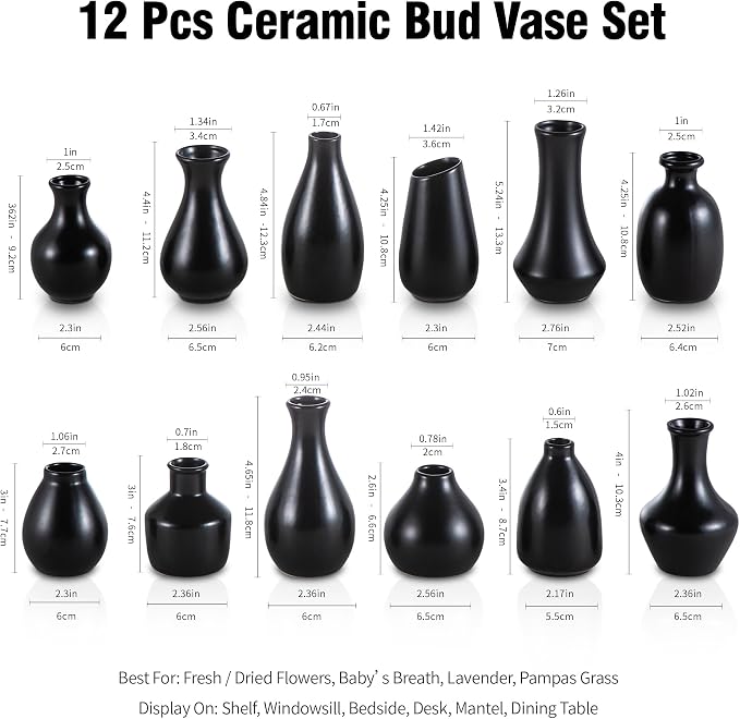 Black Ceramic Bud Vase Set of 12 Glossy Modern Flower Vases | Elegant mini - Image 3
