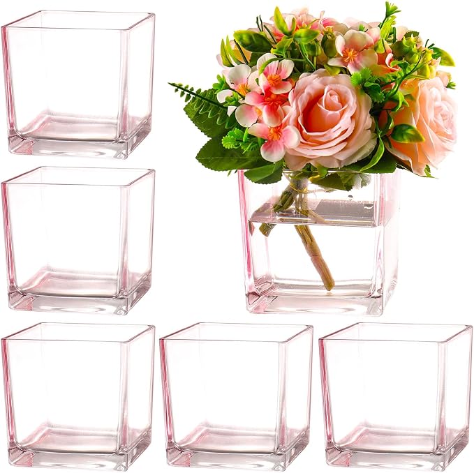 Square Pink Glass Vases Set of 6, Square Vase by MARTAGE