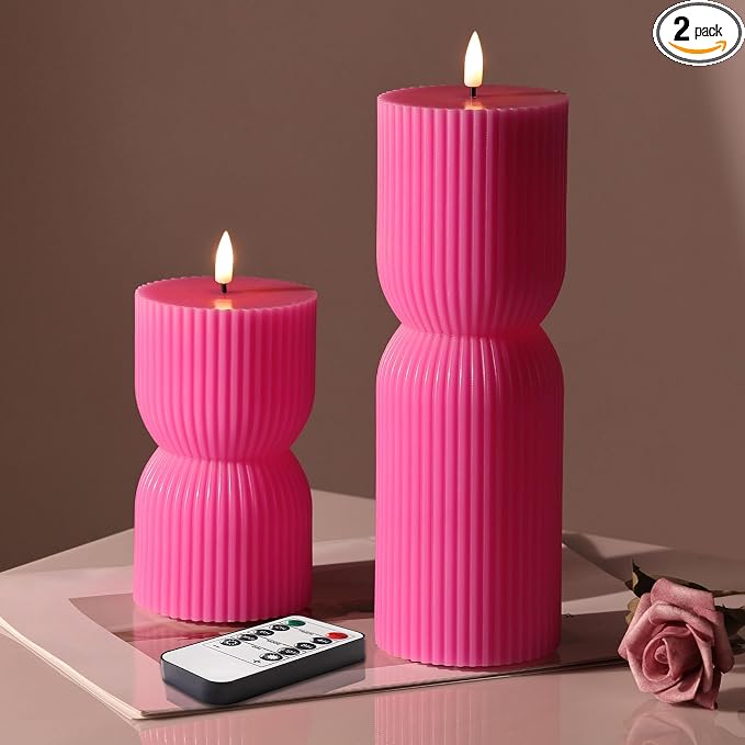 Hot Pink Ribbed Flameless Pillar Candles by Girimax
