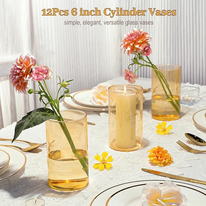 12pcs 6 Inch Gold Amber Glass Cylinder Vases - Image 2