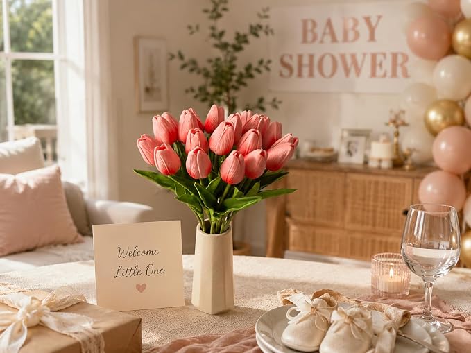 Mandy's 20pcs Artificial Coral Pink Tulips | 13.5 Inch Lifelike PU Tulips Faux - Image 8