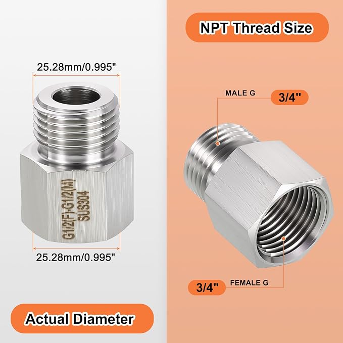 1 Pack 304 Stainless Steel FeMale to Male Adapter, 3/4" FeMale G x 3/4" Male G - Image 2