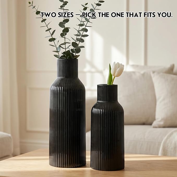Black Ceramic Tall Vase, Modern Smooth Vertical Ribbed, Nordic Minimalist - Image 9