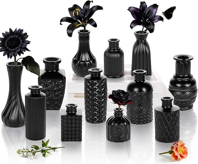 Black Glass Bud Vase Set of 12 Pcs, Small Bud Vases in Bulk, Glass Crystal by JXINDUJU