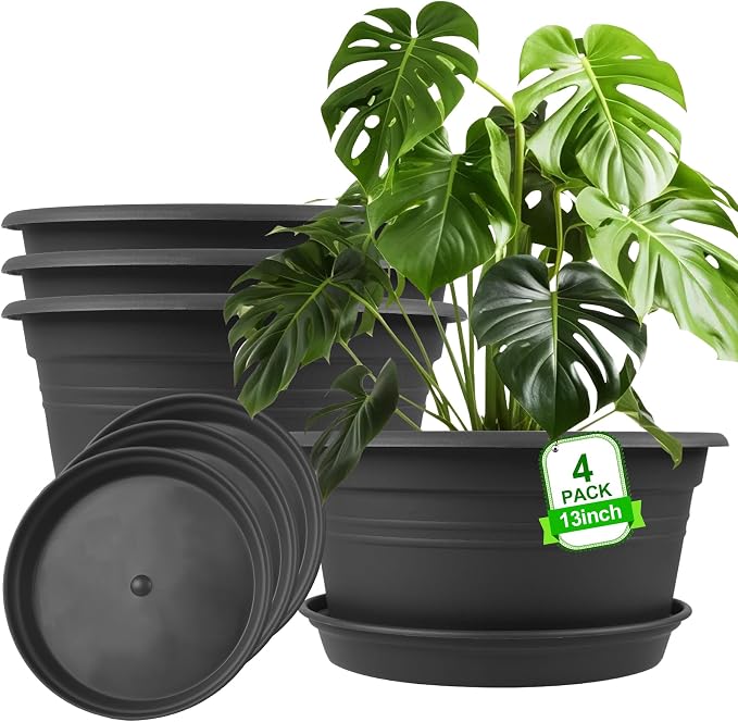 Large Flower Pots Set of 4 Pack 13 inch, Shallow Planter by NNARRE