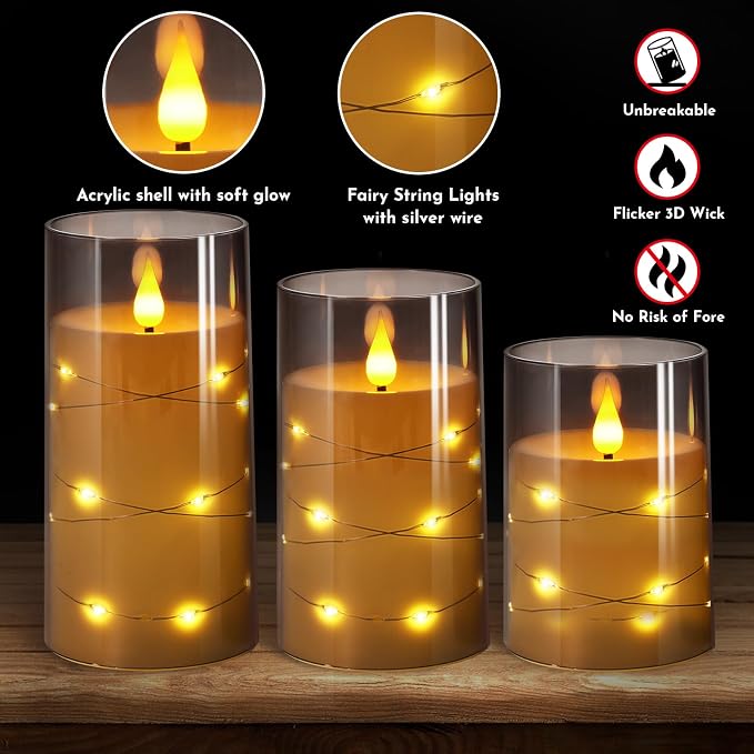 NURADA Flickering Flameless Candles: Built-in Star String Lights 3D Wick - Image 3