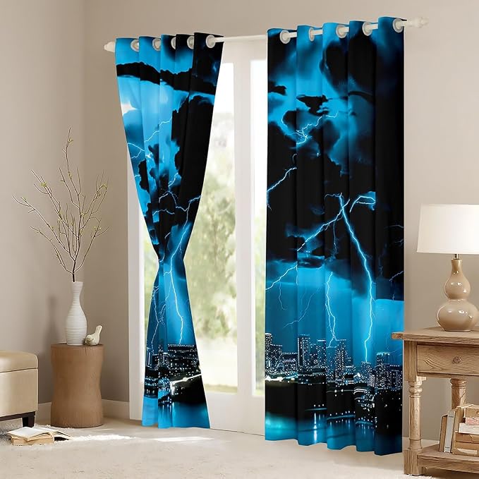 jejeloiu Blue Thunder Lightning Window Drapes Cool Flashing Lightning Blackout - Image 3