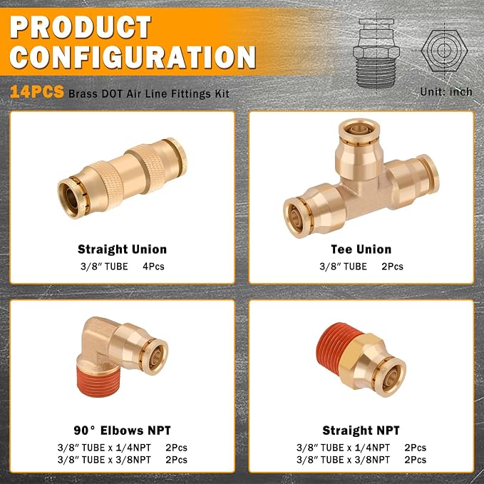 14 Pcs 3/8" Brass DOT Air Line Fittings Kit 1/4" 3/8" DOT Push Lock Air - Image 2